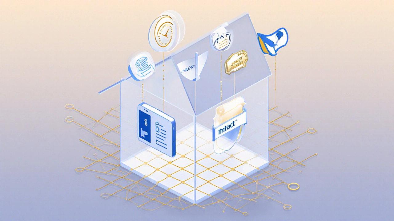 Transparent house with floating icons representing key home insurance benefits.