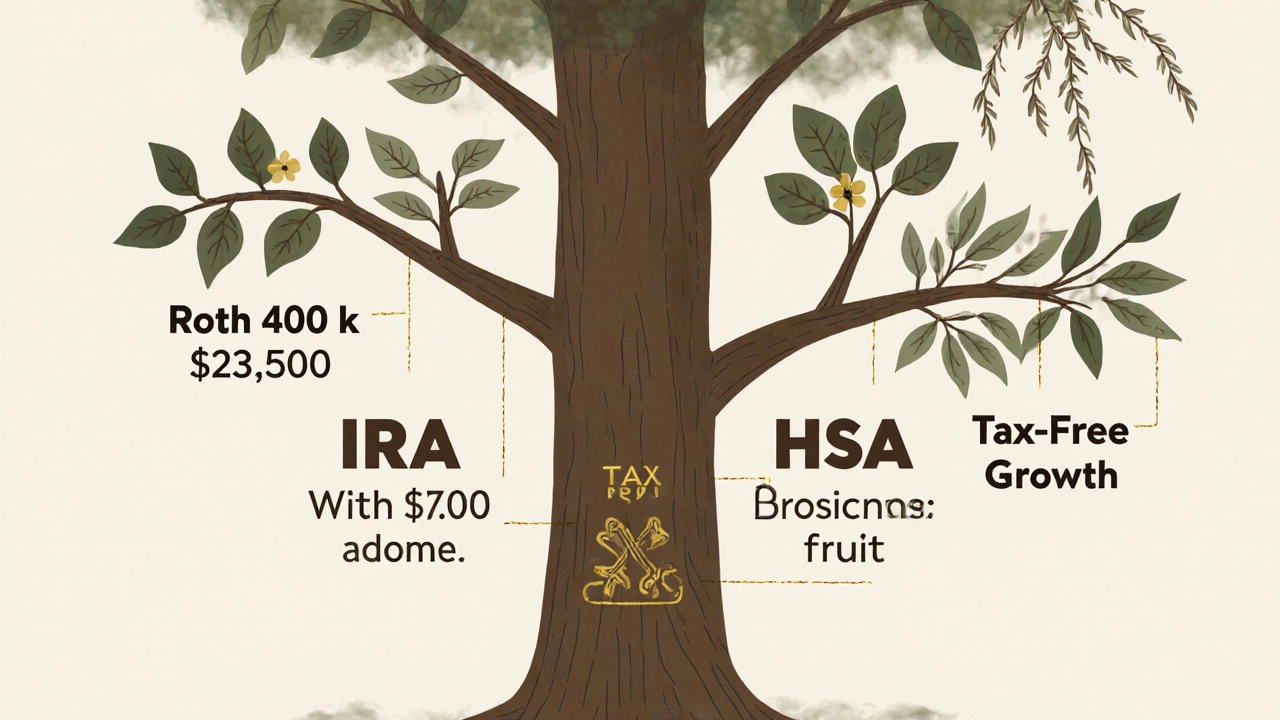 Tree with branches representing US tax-advantaged accounts growing toward tax-free growth.