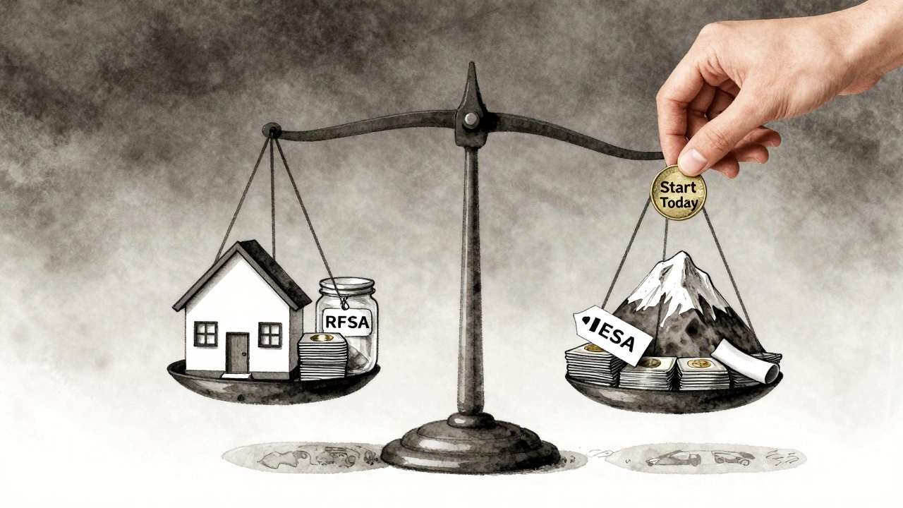 A balance scale weighing assets against debt, with a hand adding a single coin labeled &#039;Start Today&#039;.
