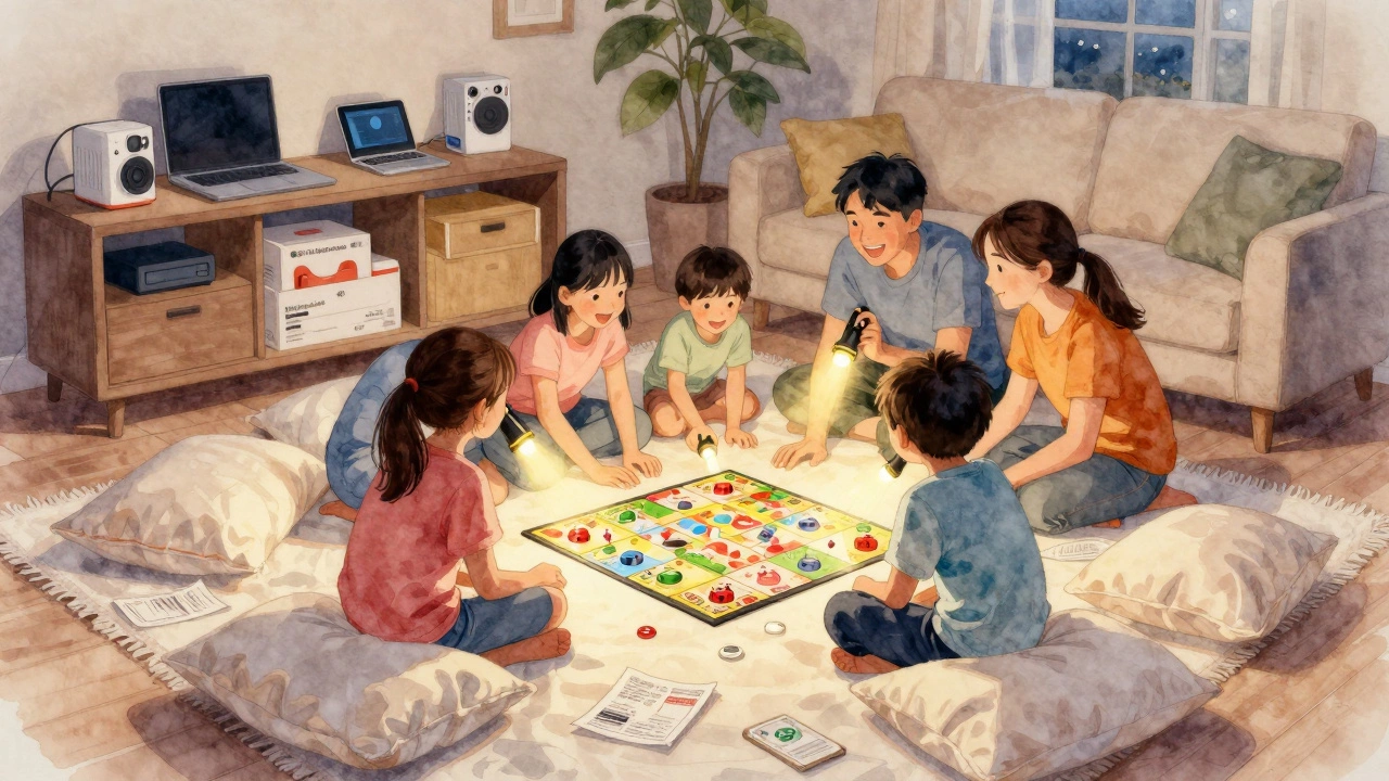 A family building a blanket fort and playing a board game together indoors.