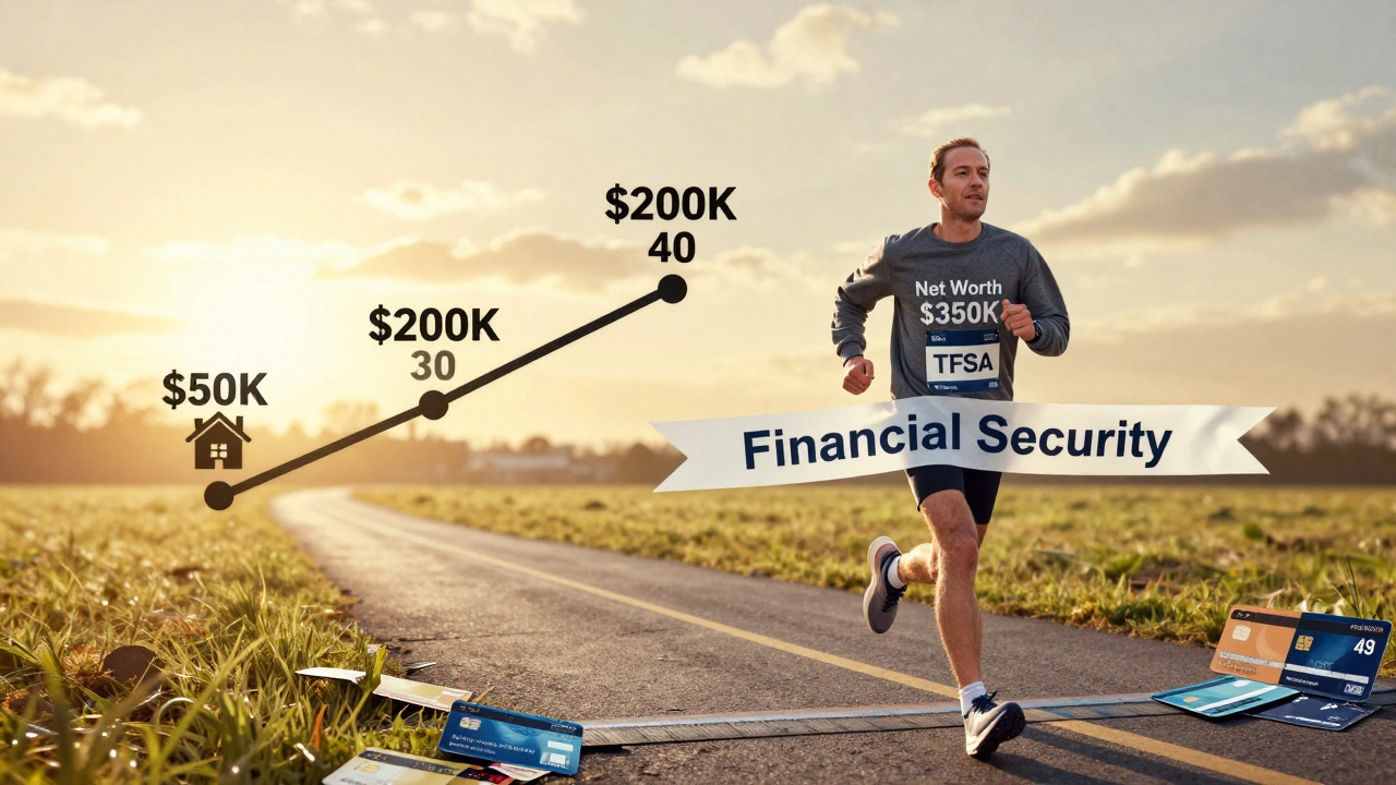 A runner crossing a financial security finish line with milestones marked along the path.