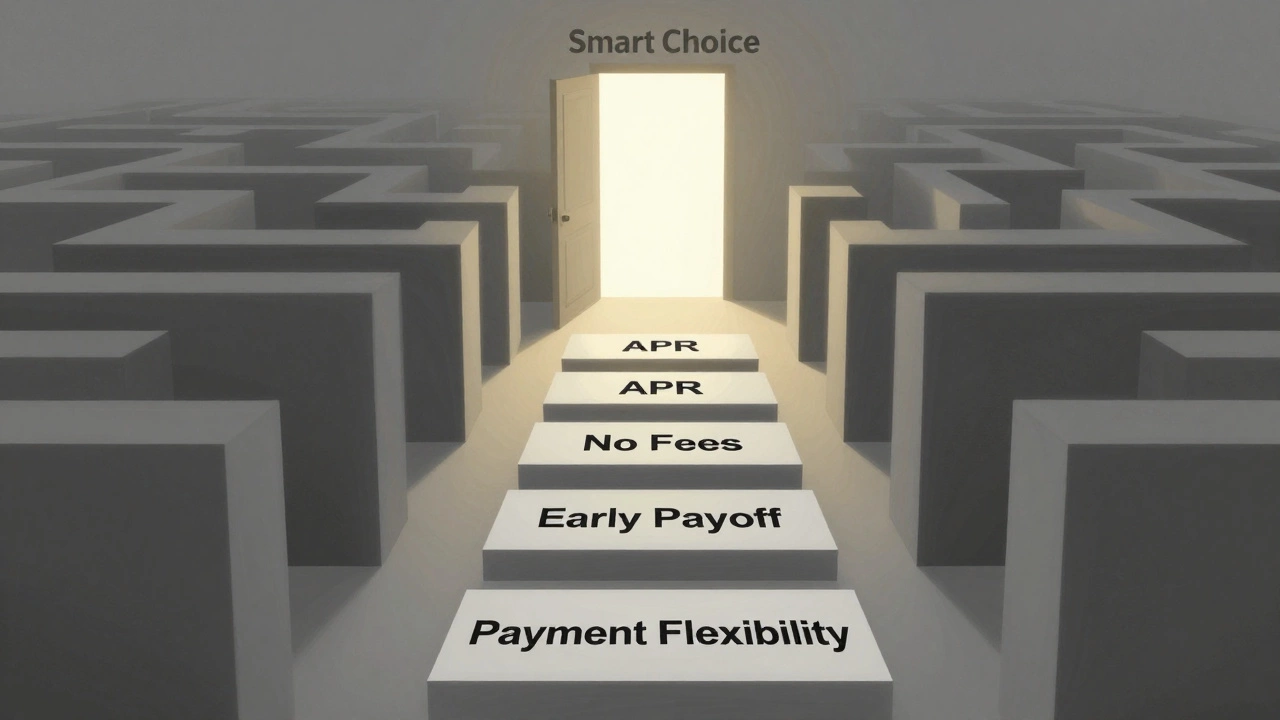 A symbolic path of financial choices leading from confusion to clarity, marked by key loan terms and a bright exit.