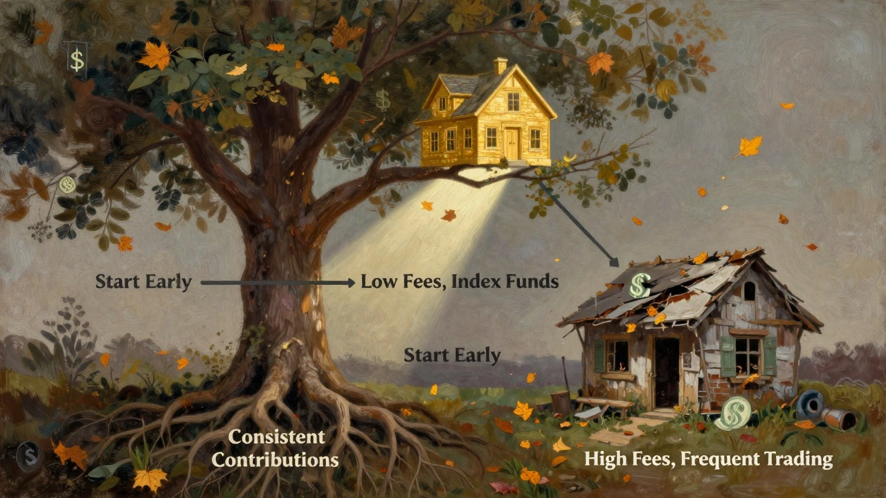 A symbolic tree representing retirement savings paths, with one thriving branch leading to a home and another failing toward a ruin.