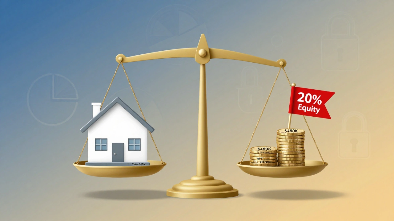 Balance scale with home and money, showing 20% equity threshold for remortgaging.