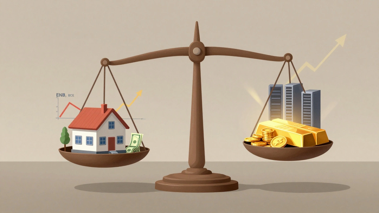 Balanced scale illustrating dividend stocks, real estate, T-bills, gold, and AI infrastructure.