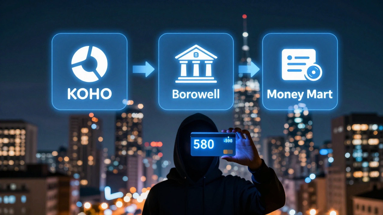 Digital interface with lender icons glowing over a city skyline, showing loan approval for someone with low credit score.