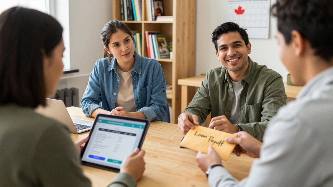 Diverse group in community center discussing loan repayment with financial advisor.
