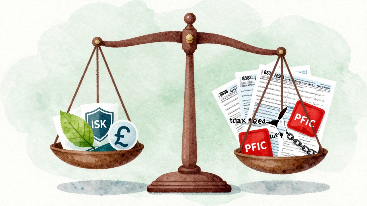 Financial scale balancing UK tax-free ISA against US tax forms and PFIC warnings.