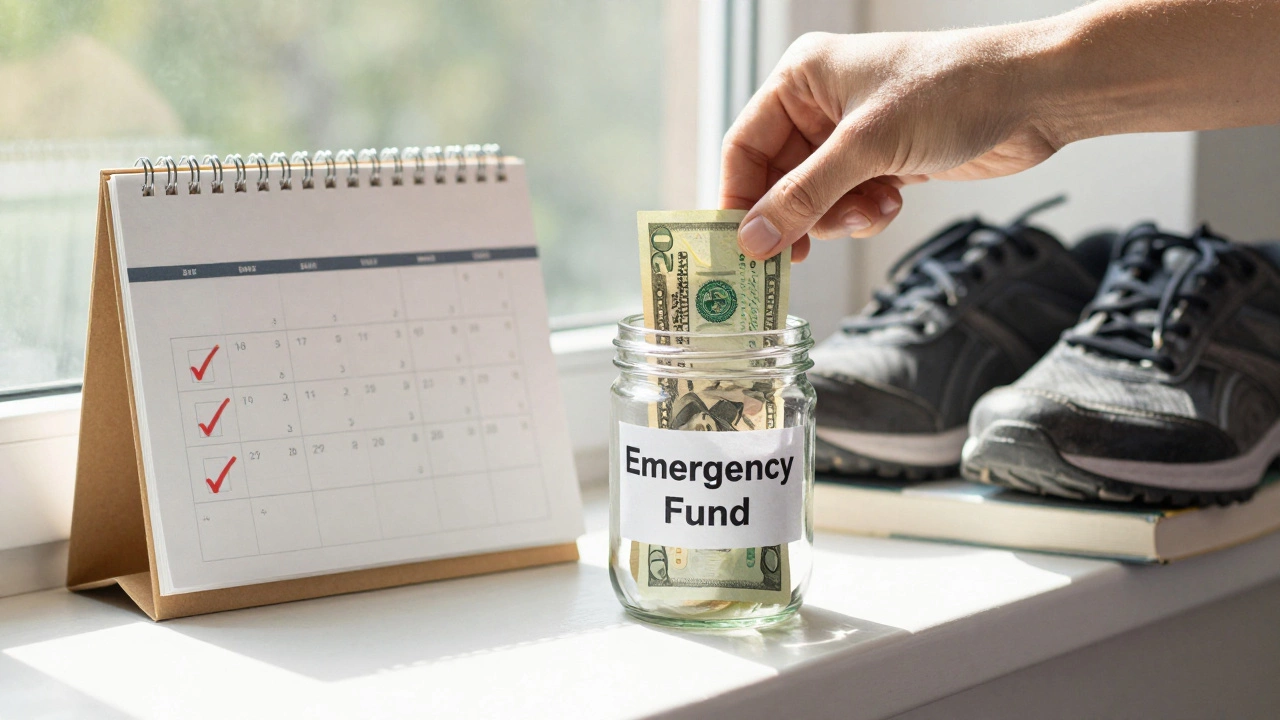 Hand putting cash into a savings jar with sunlight and checkmarked calendar in background.