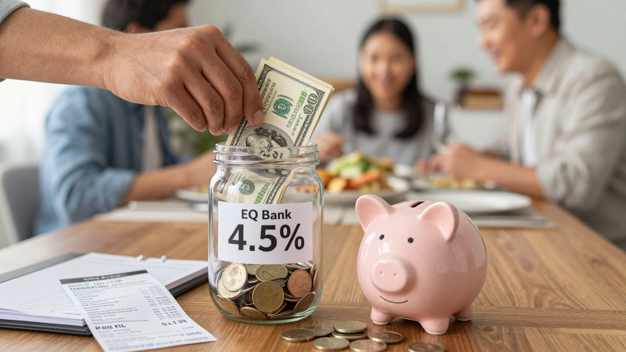 Hands depositing cash into a labeled high-interest savings jar beside an emergency fund piggy bank.