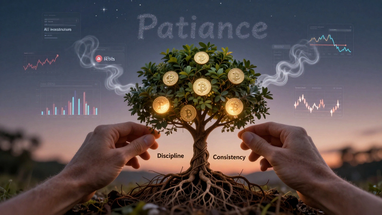 Hands planting investment tokens into a tree with roots labeled discipline and consistency.