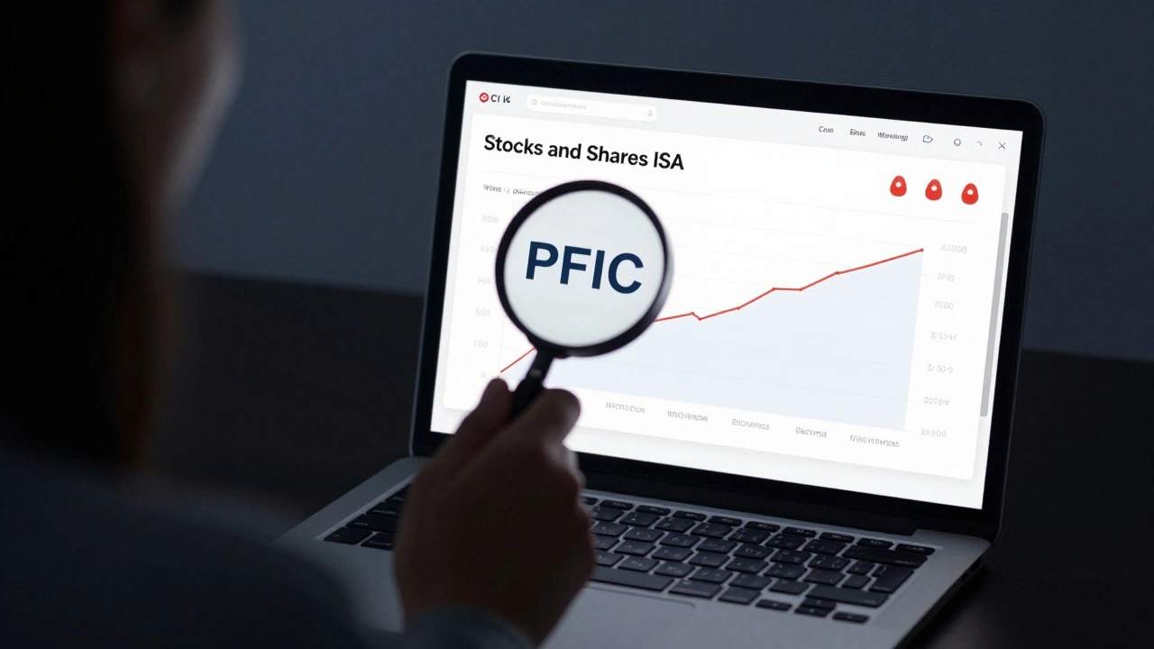 Laptop screen showing ISA investment growth with PFIC warning overlay in shadowy office.