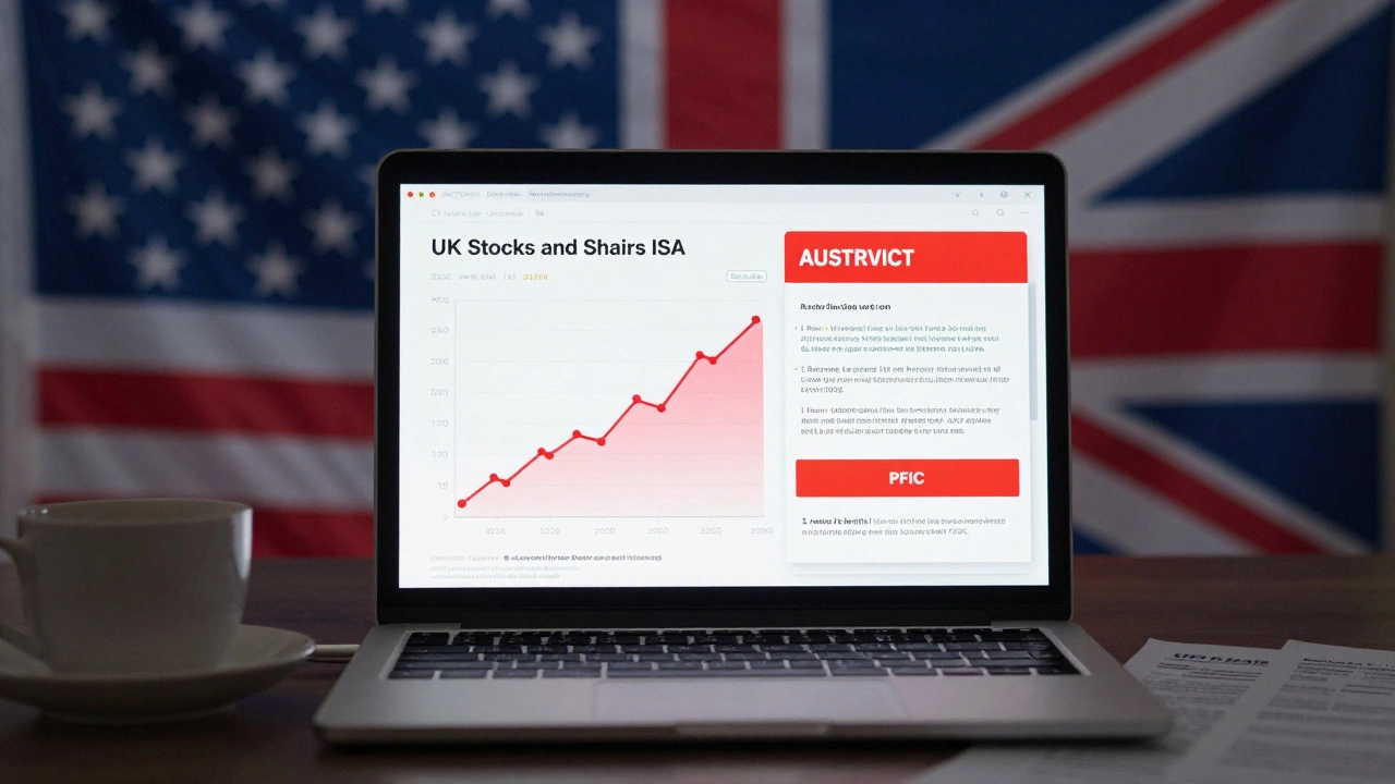 Laptop showing ISA growth with IRS audit notices and PFIC warnings overlayed.