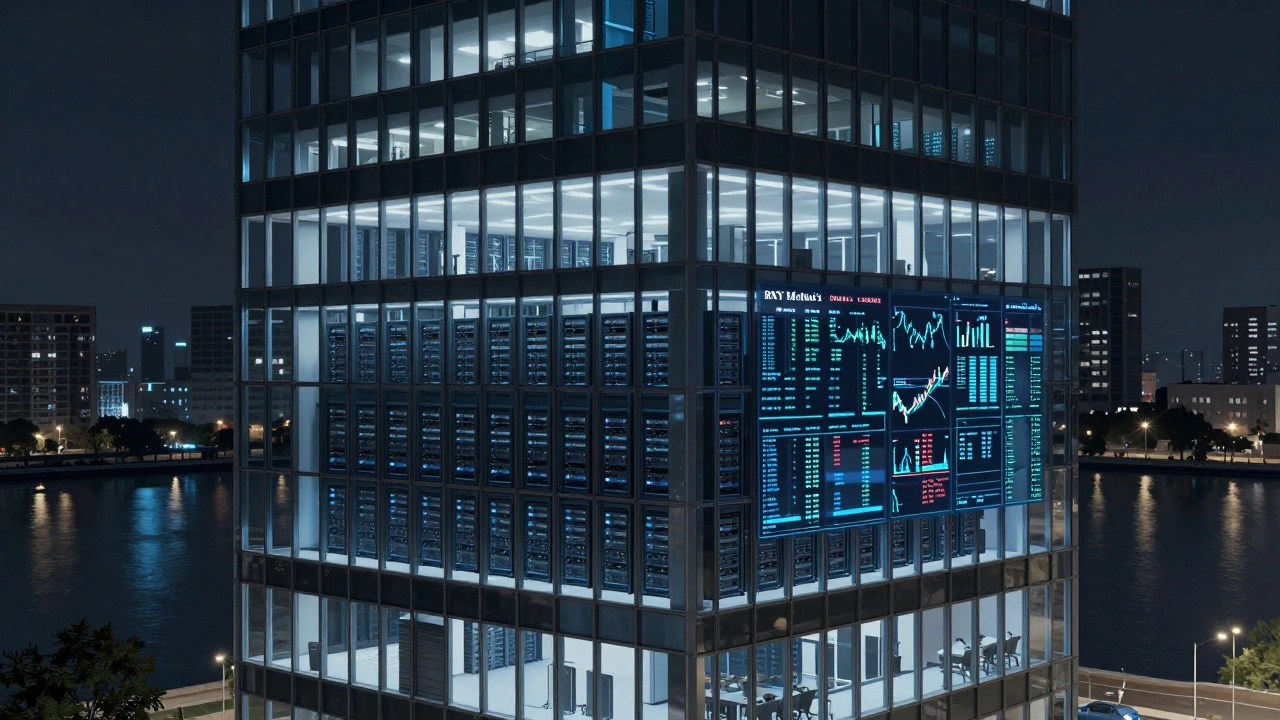 Nighttime financial building with glowing windows and digital asset streams inside.