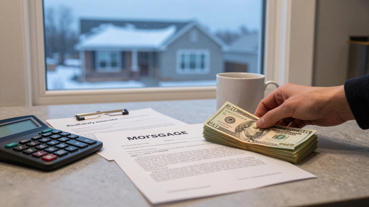 Person placing cash on mortgage documents to increase home equity.