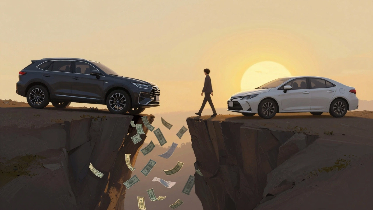 Person walking away from sinking luxury car toward used Toyota under sunrise, symbolizing freedom.