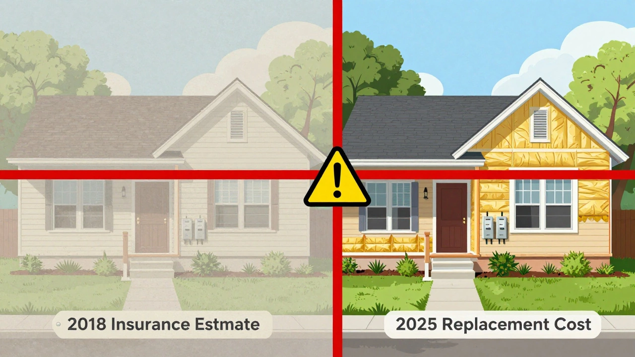 Side-by-side comparison of an outdated home estimate versus current rebuild cost with visual warnings.