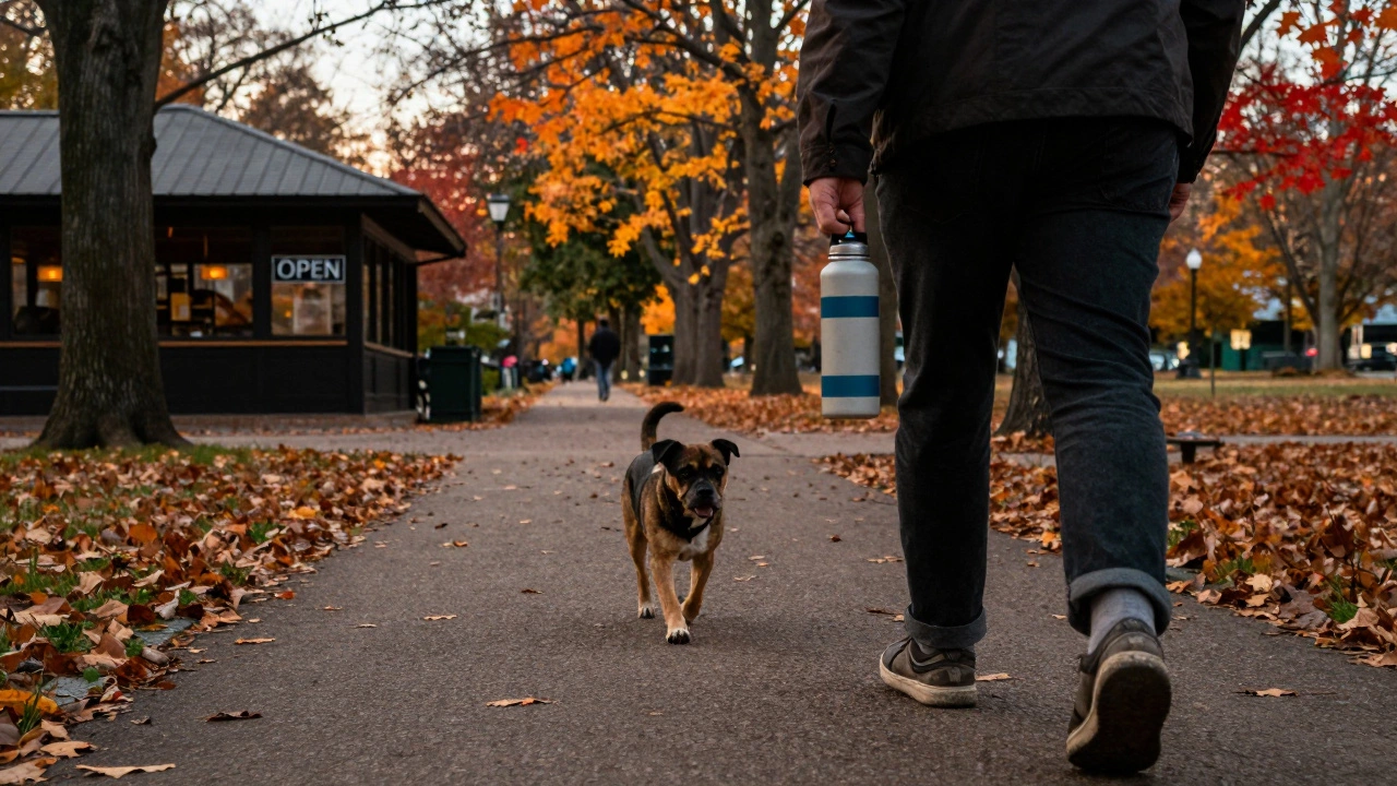 Someone walking a dog in a park on a no-spending day, passing a café without entering.