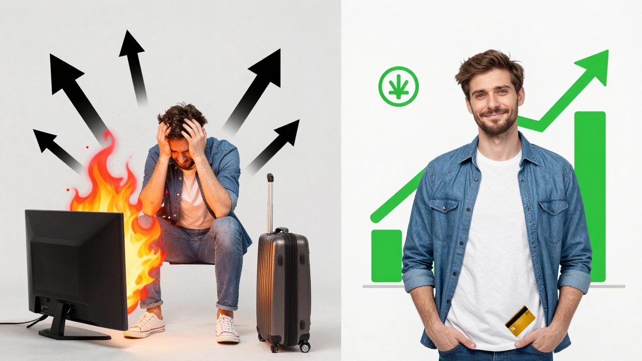 Split image: debt chaos vs. financial freedom with credit score rising.