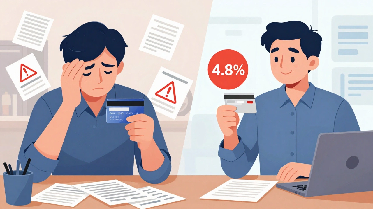 Split image showing stress from debt versus calm from savings with digital transfer.