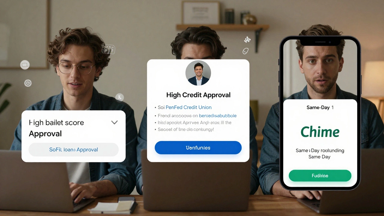 Three borrowers receiving loan approvals from SoFi, PenFed, and Chime with visual indicators of their financial profiles.