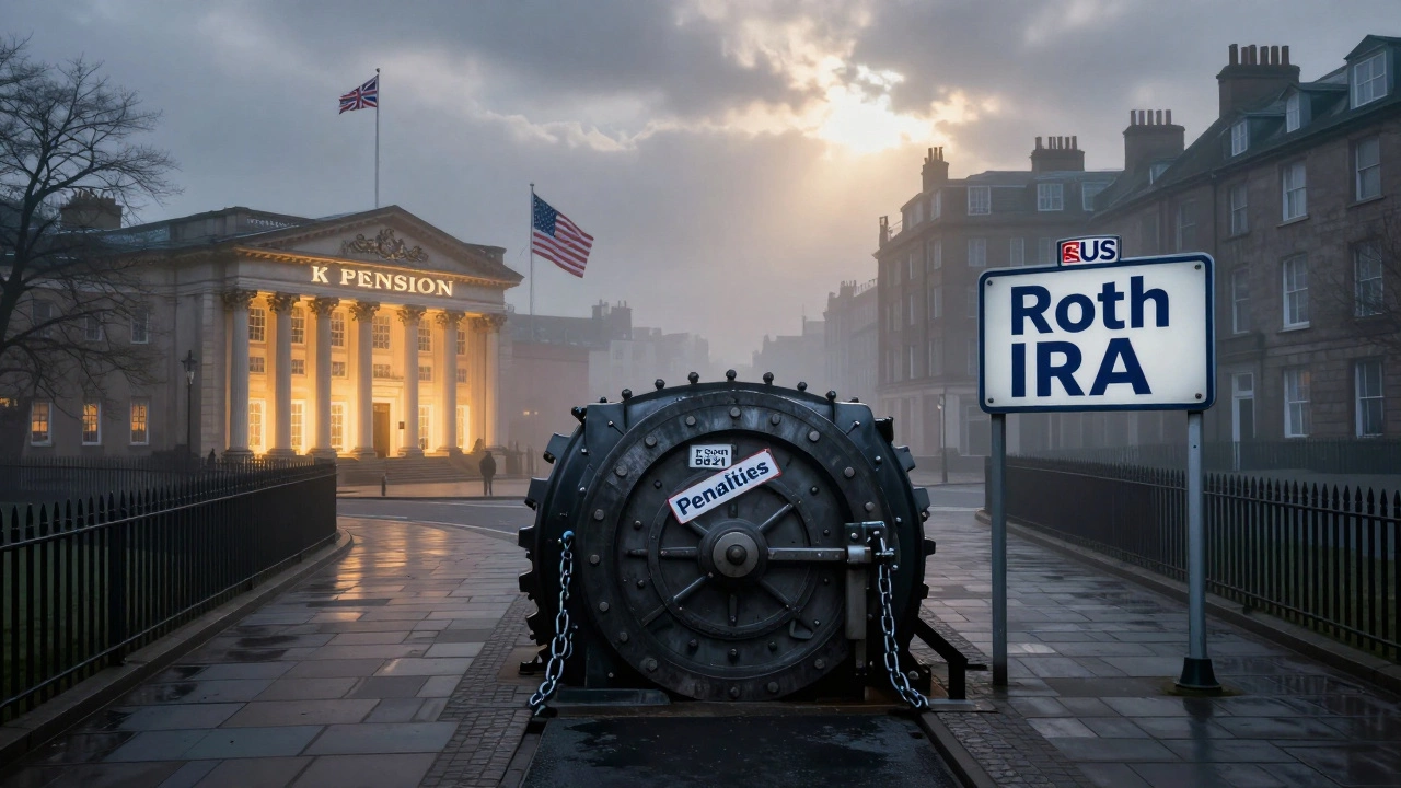 Three paths symbolizing UK pension, ISA risk, and US retirement account in misty cityscape.