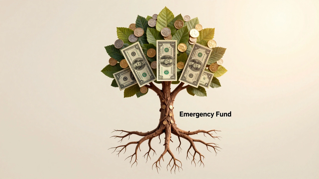 Tree with dollar bill roots and coin leaves, symbolizing financial growth and security.