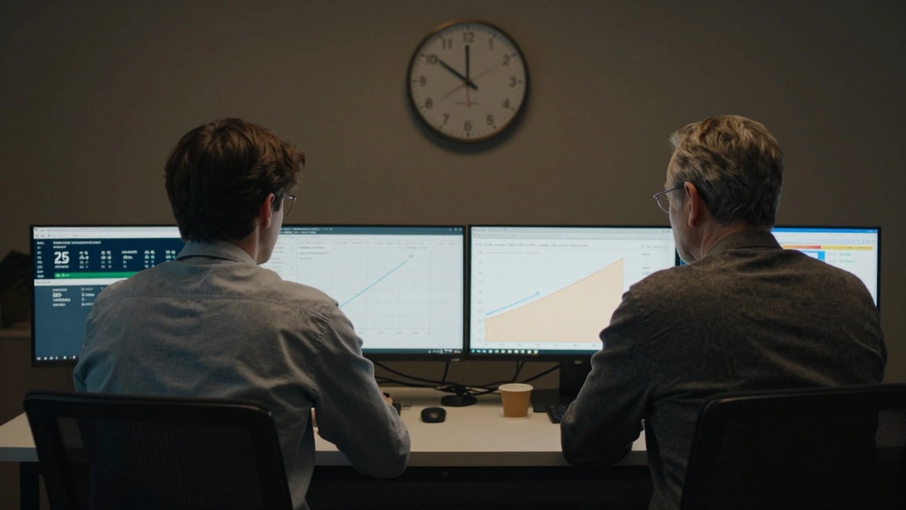 Two individuals at different ages comparing retirement timelines, one with ample time, the other racing against the clock.