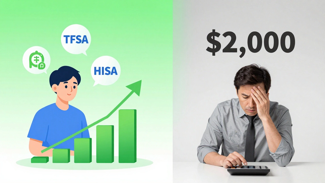 Two people at different life stages: one with growing savings, another overwhelmed by higher savings needs.