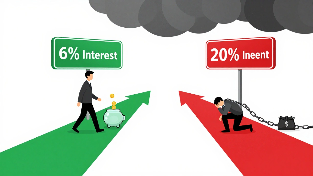 Two symbolic paths showing low and high interest loan outcomes with contrasting visuals.