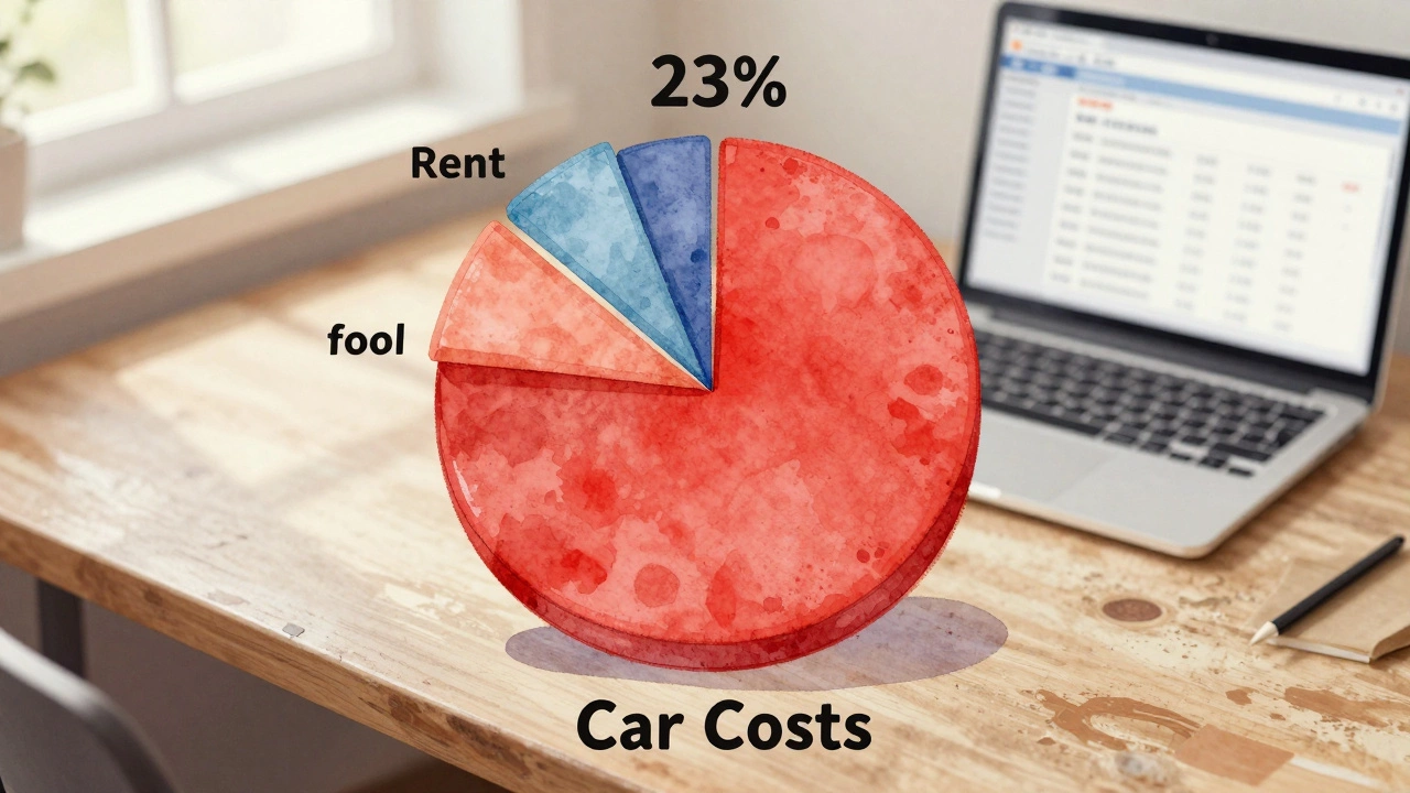Watercolor budget pie chart with car costs dominating, next to bank statement on desk.