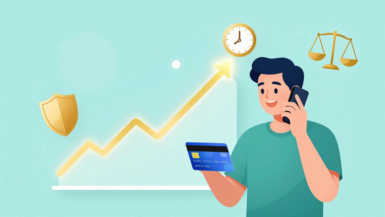 A person smiling on a phone call as their credit score rises, surrounded by symbols of financial health.