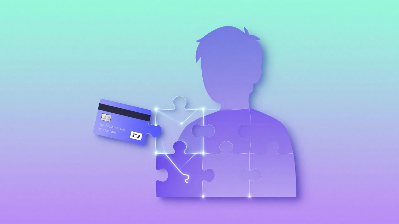 Abstract puzzle of credit card features fitting together to form a person's financial profile.