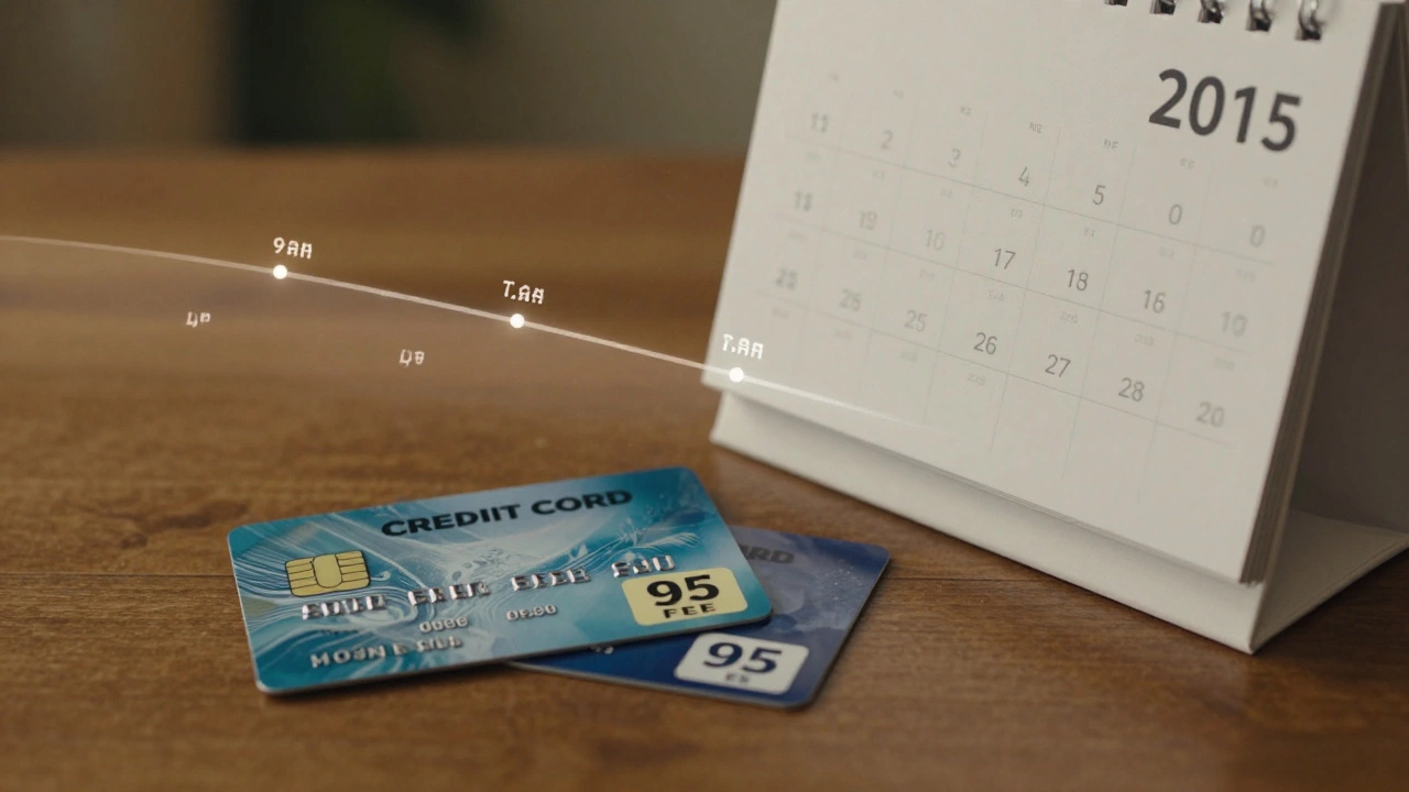 An old credit card from 2015 beside a newer card with a fee sticker, with a timeline showing years of credit history fading.