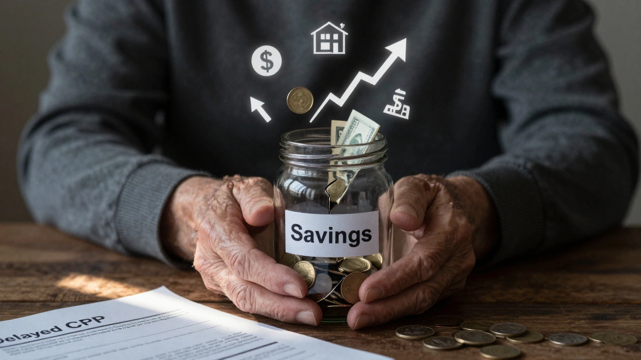 Elderly hands holding a nearly empty savings jar as healthcare and inflation symbols drain it, with a delayed CPP letter nearby.