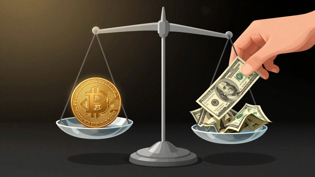 Glass scale balancing one Bitcoin against 100 dollar bills under golden light.