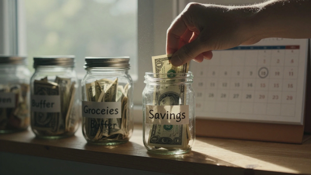 Hand placing a dollar bill into a labeled savings jar beside other expense jars.
