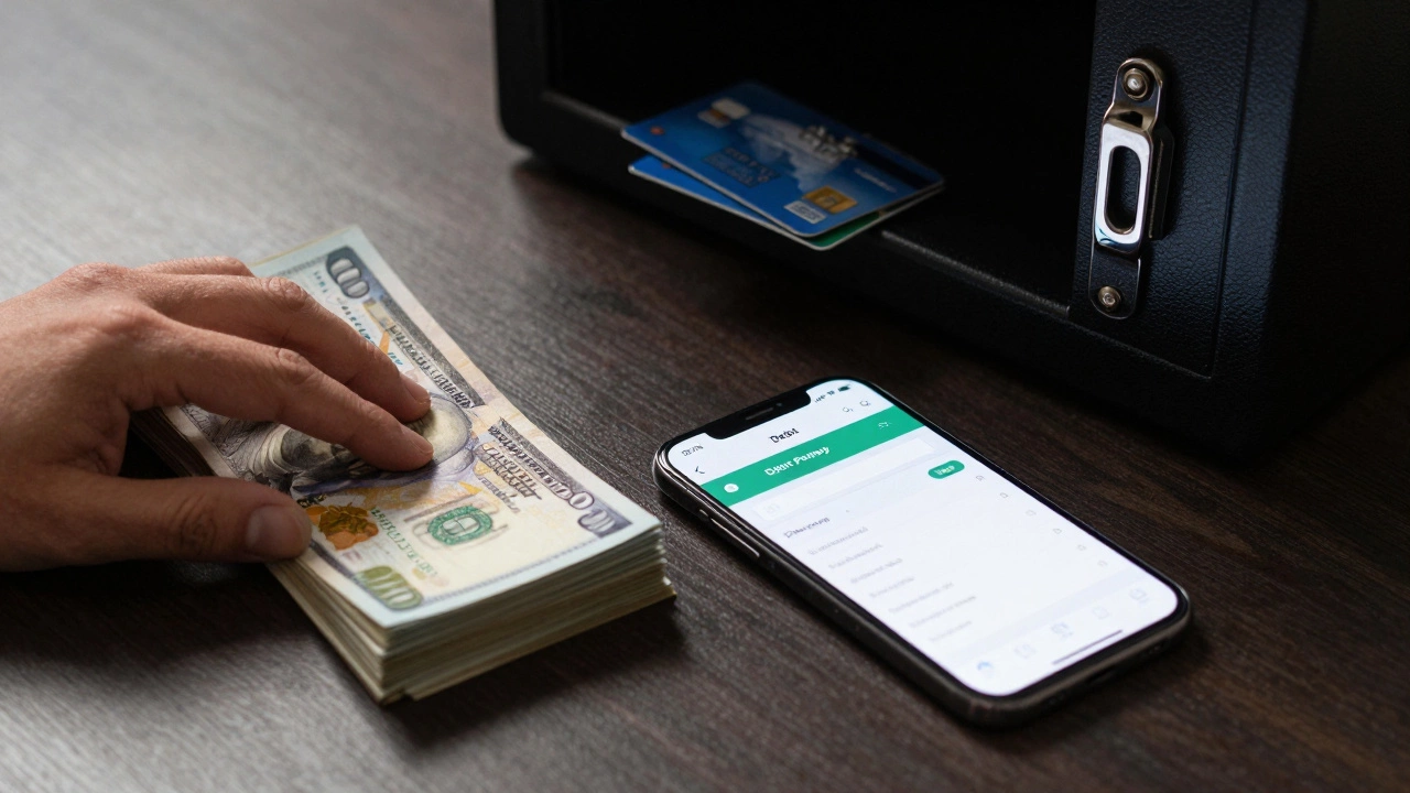 Hand placing cash and checkbook beside locked credit cards and debt tracker app.