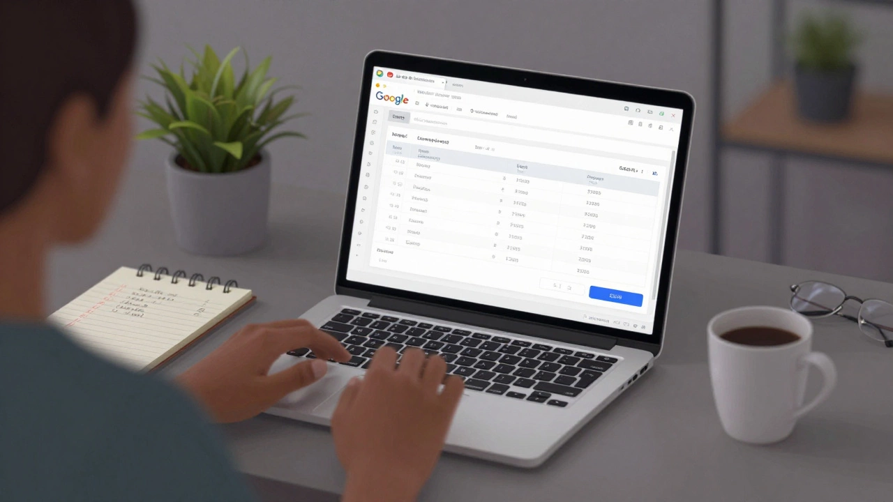 Person using laptop with simple budget spreadsheet on a tidy kitchen table.