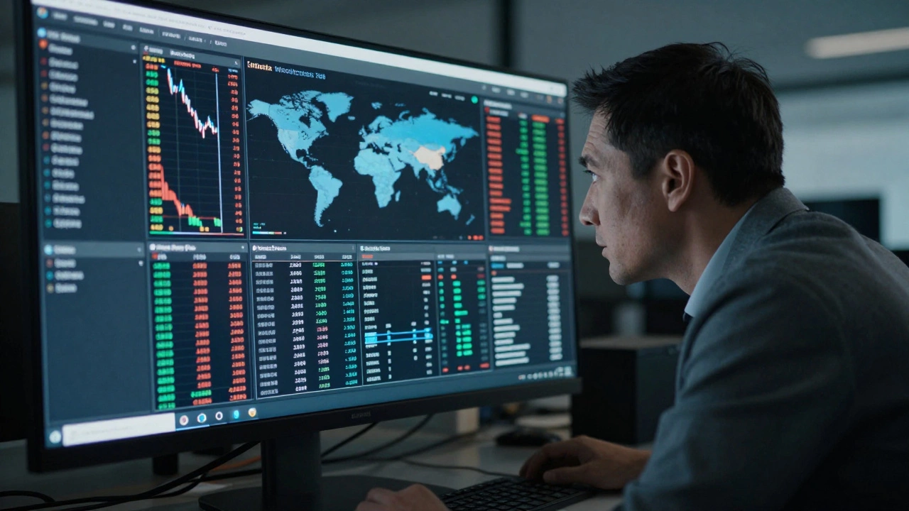 Professional analyzing real-time stock data on a multi-panel digital dashboard.