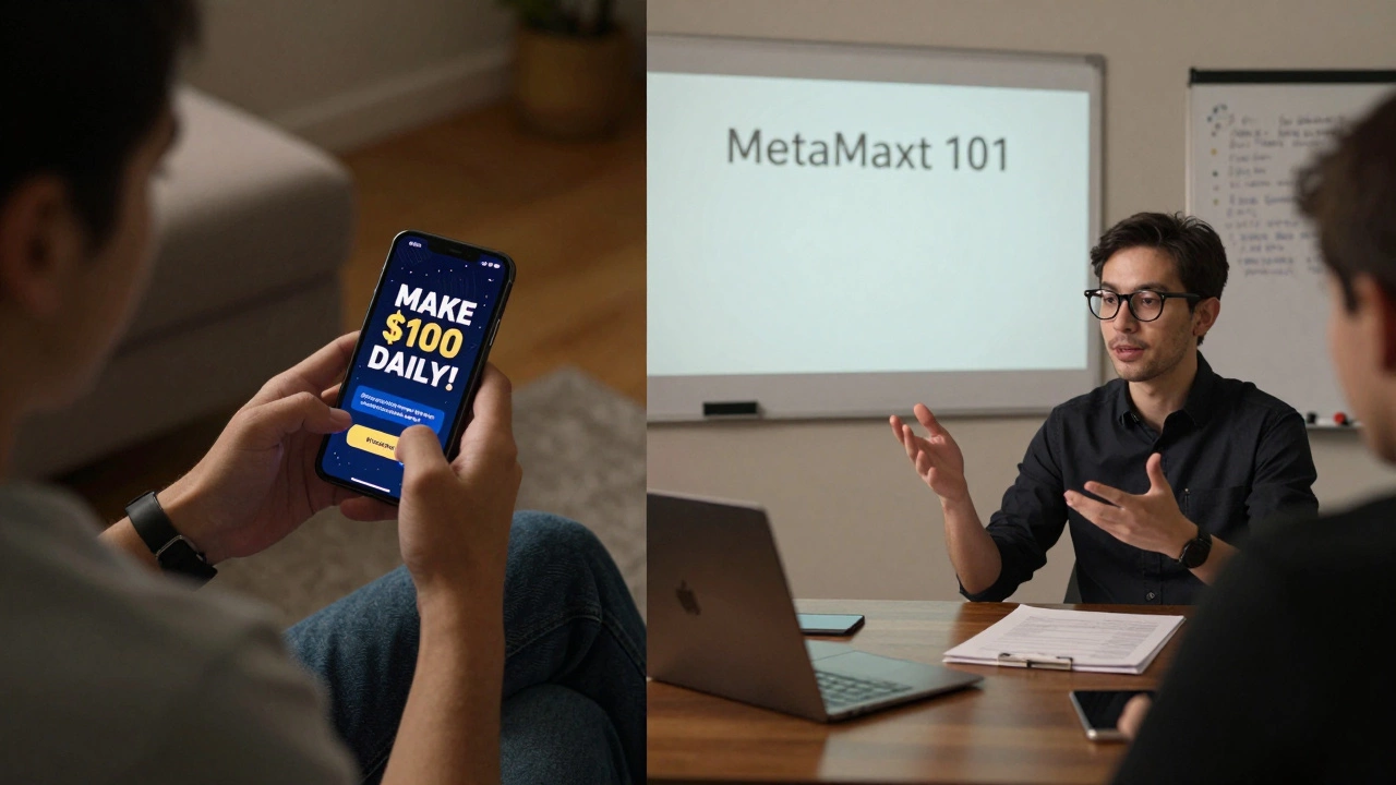 Split image: one side shows someone misled by a crypto scam ad, the other shows them teaching crypto basics.