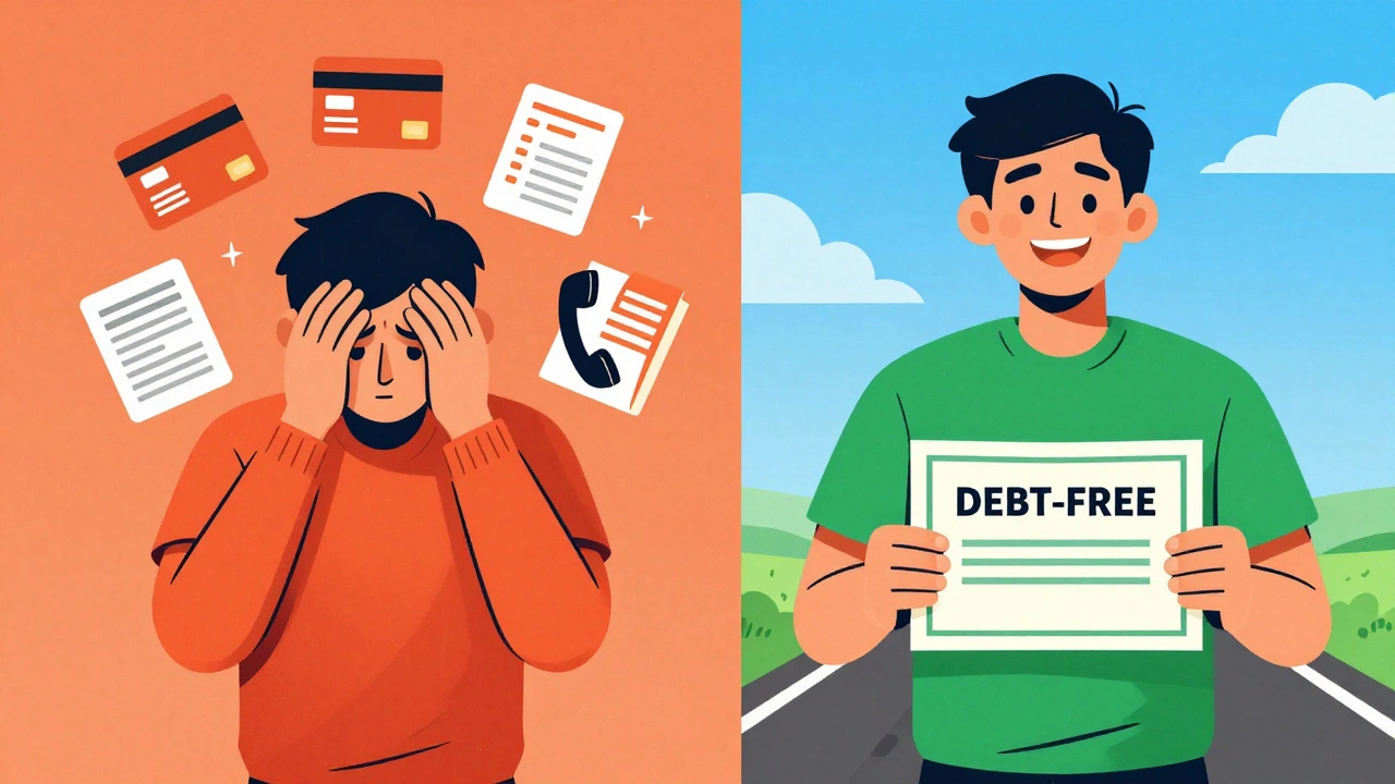 Split image: stressed person with debt symbols vs. same person celebrating debt freedom.