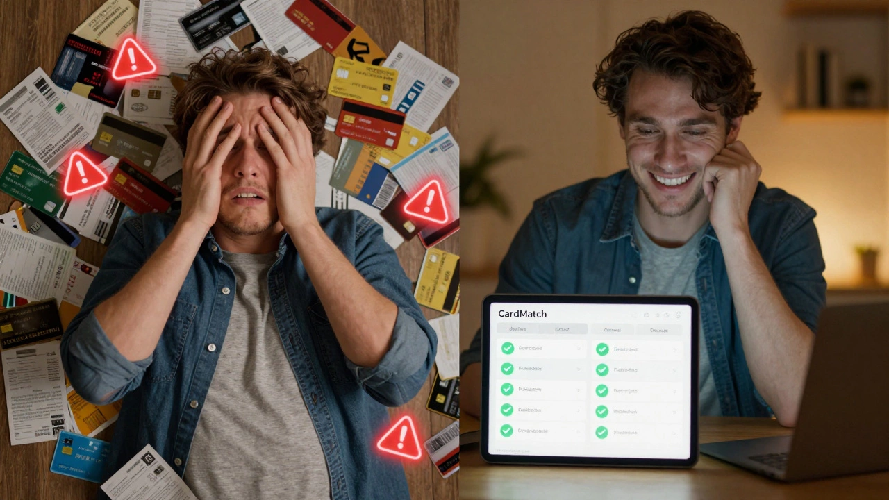 Split scene showing credit card clutter versus a calm, matched card dashboard on a tablet.