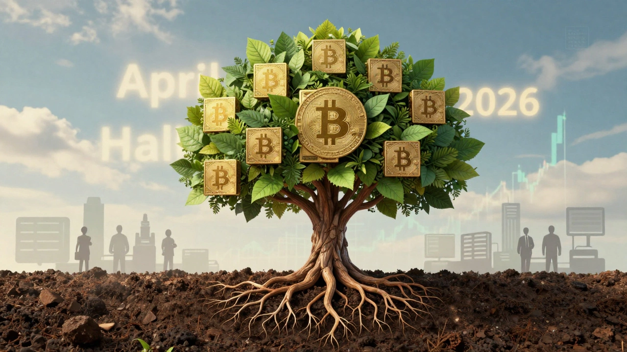 Tree with blockchain roots and Bitcoin leaves, symbolizing long-term crypto growth.