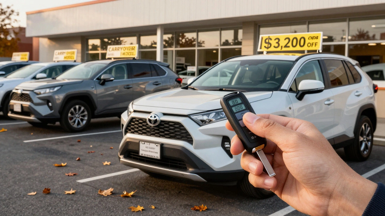 A brand-new 2026 Toyota RAV4 with a significant price discount tag, surrounded by other unsold models in late autumn.