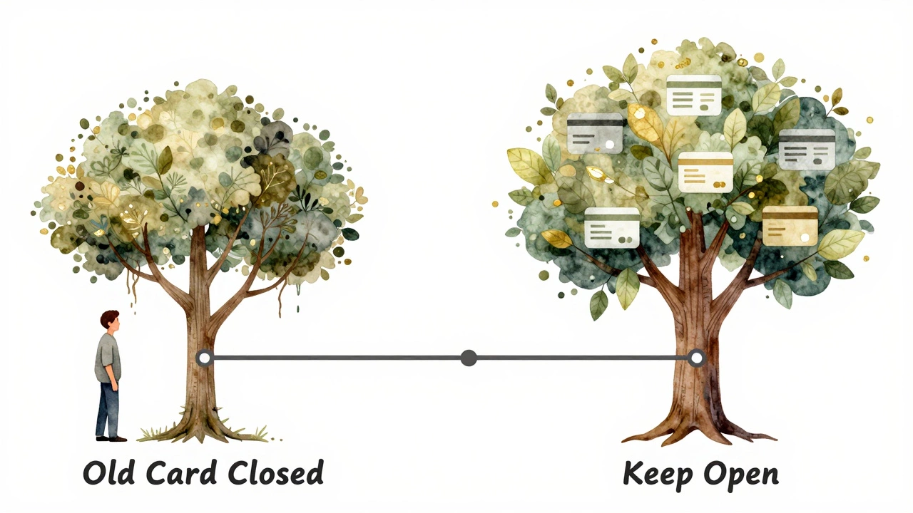 A credit history timeline depicted as a tree, with one branch withering after a card is closed.