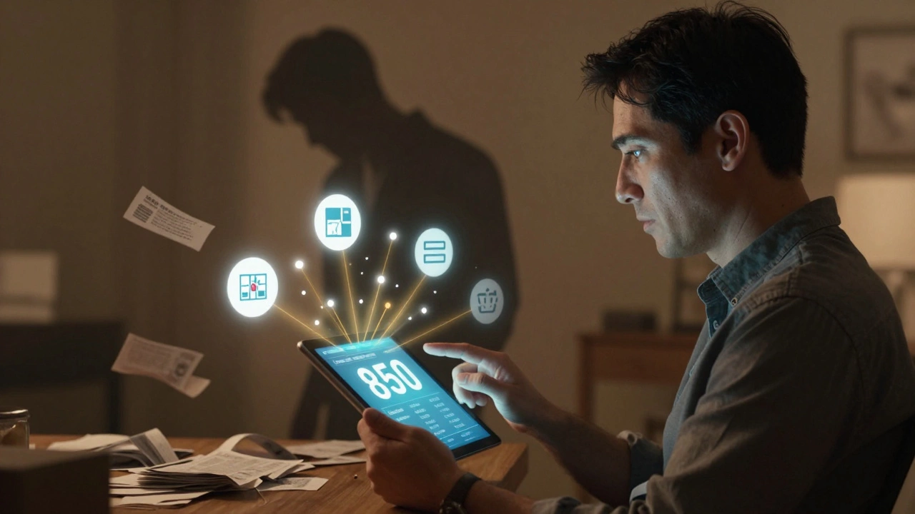 A man sees his 850 credit score on a tablet, with symbols of perfect credit habits glowing around him.