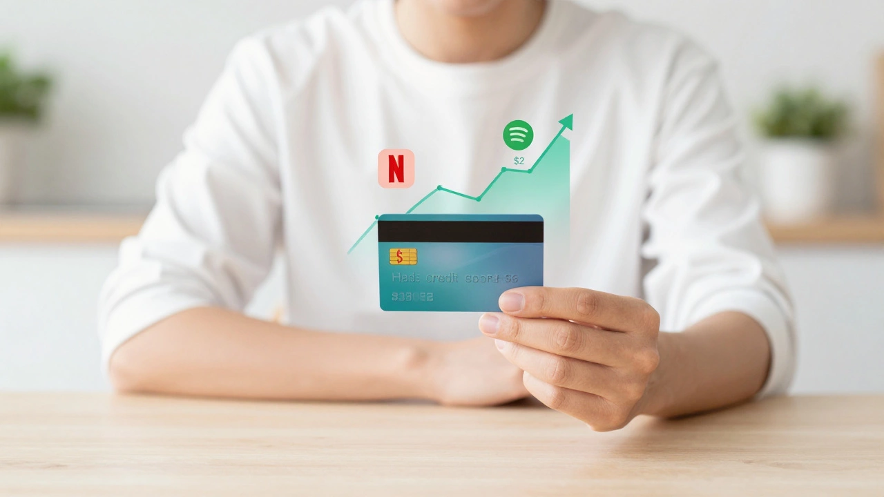 A person holding a credit card while digital icons of small recurring payments float around it.