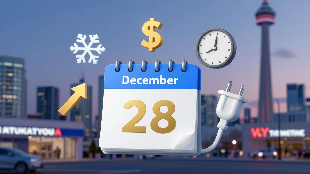 A symbolic calendar showing December 28 as the optimal day to buy a car, with icons representing savings, time, and incentives.