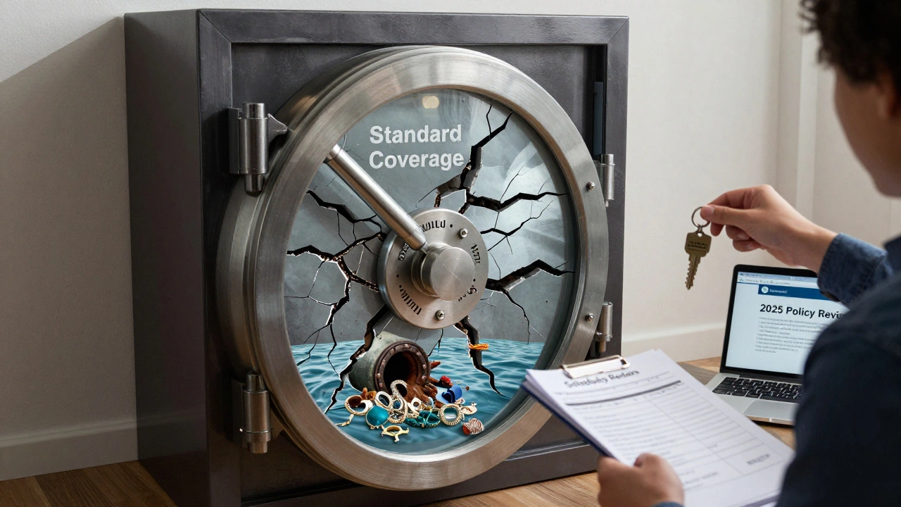 Cracked vault of standard coverage revealing flood, earthquake, and sewer risks, with key to scheduled riders.